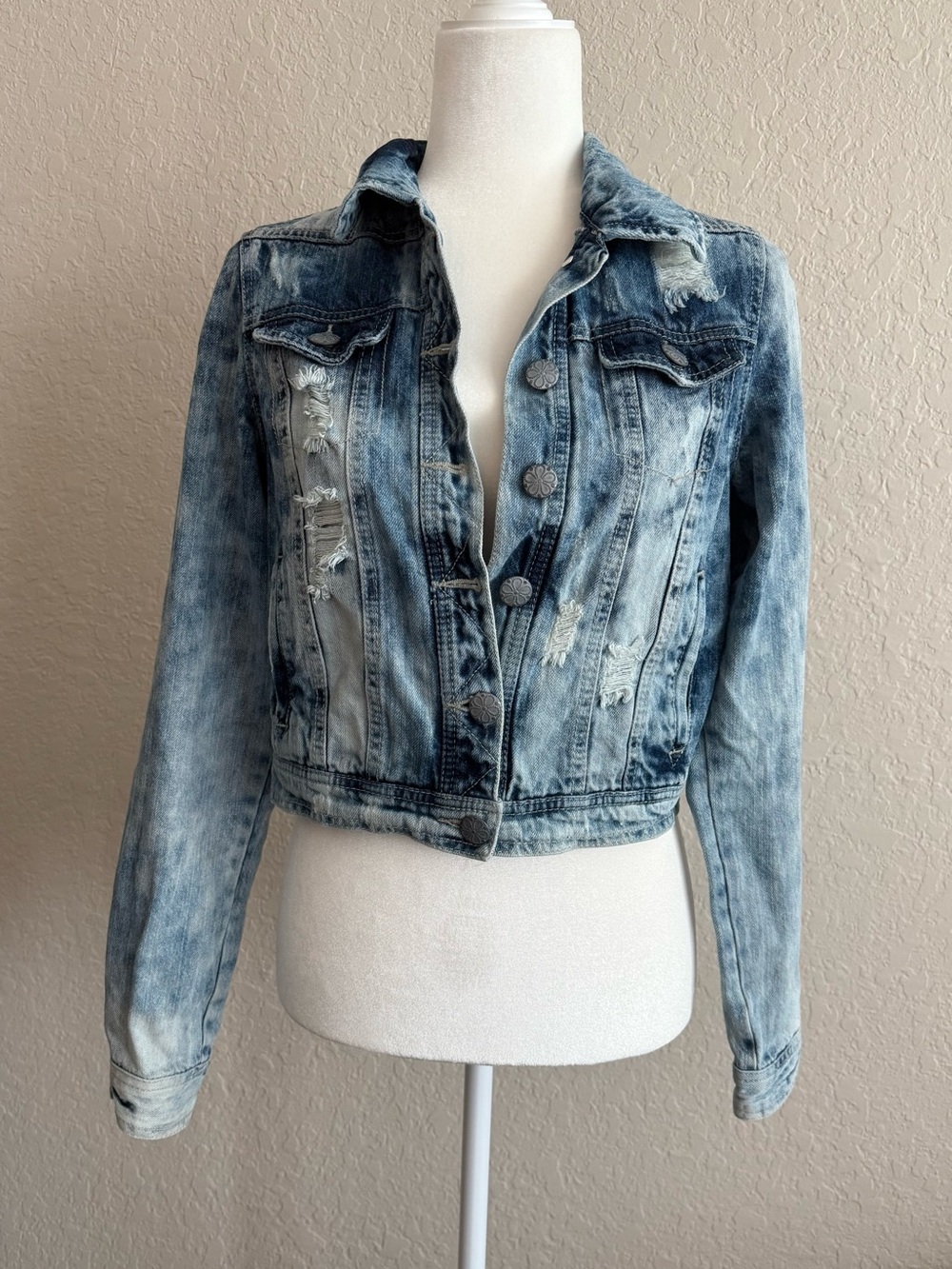 hippie laundry Distressed Light Blue Acid Wash Denim Jacket